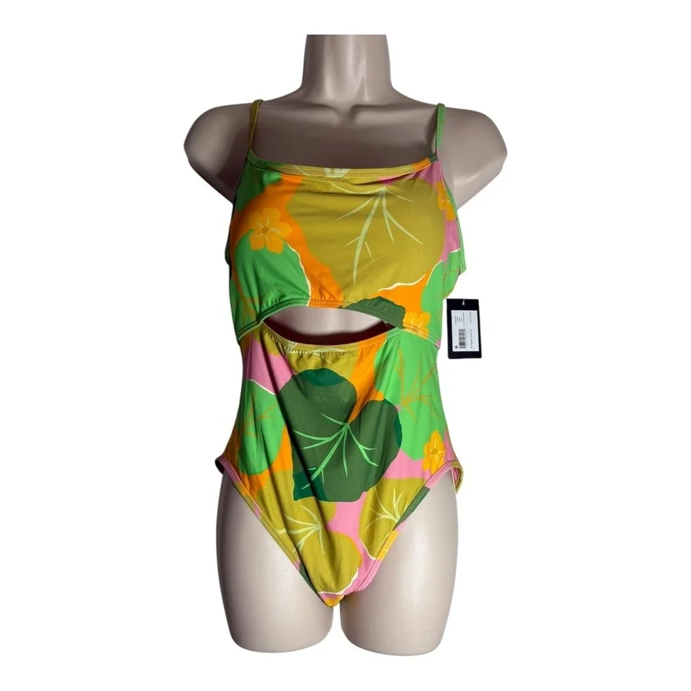 Cutout One Piece Swimsuit Green Floral Print New‎ with Tags sz LG
